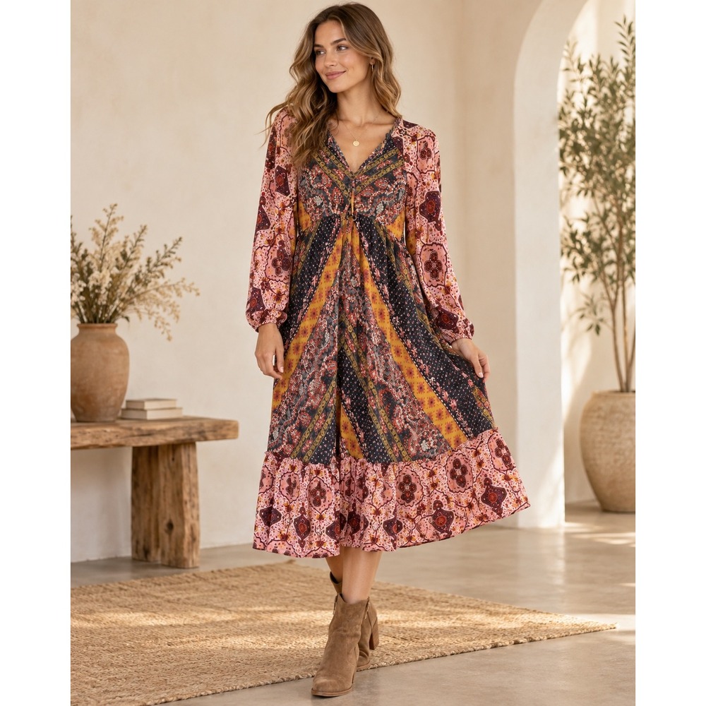 Umgee Patchwork Boho Midi Dress Small Ruffle Neck Balloon Sleeve Prairie